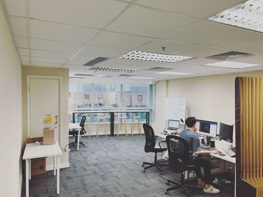 Mitchell working in the office